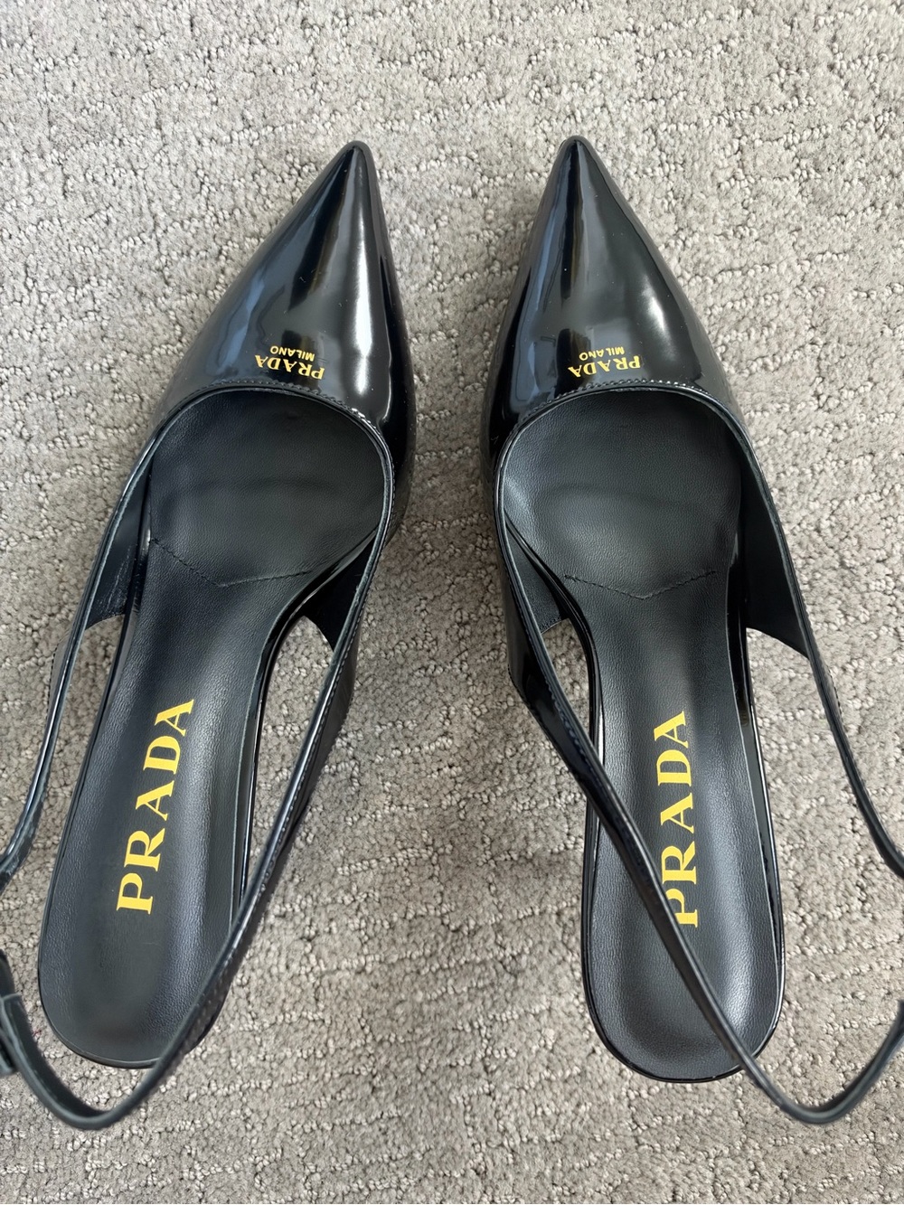 Black Patent Pointed-Toe Slingback Pumps/ comes with box